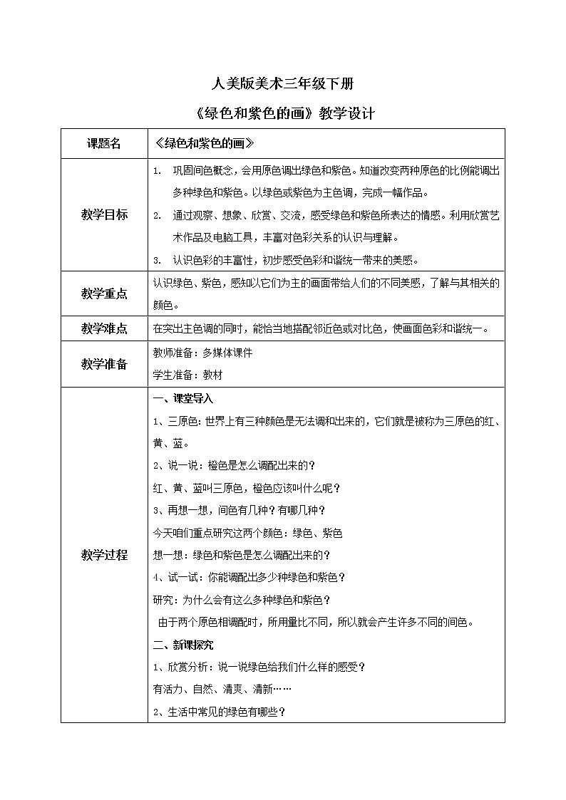 人美版美术三下12. 绿色和紫色的画 课件+教学设计01