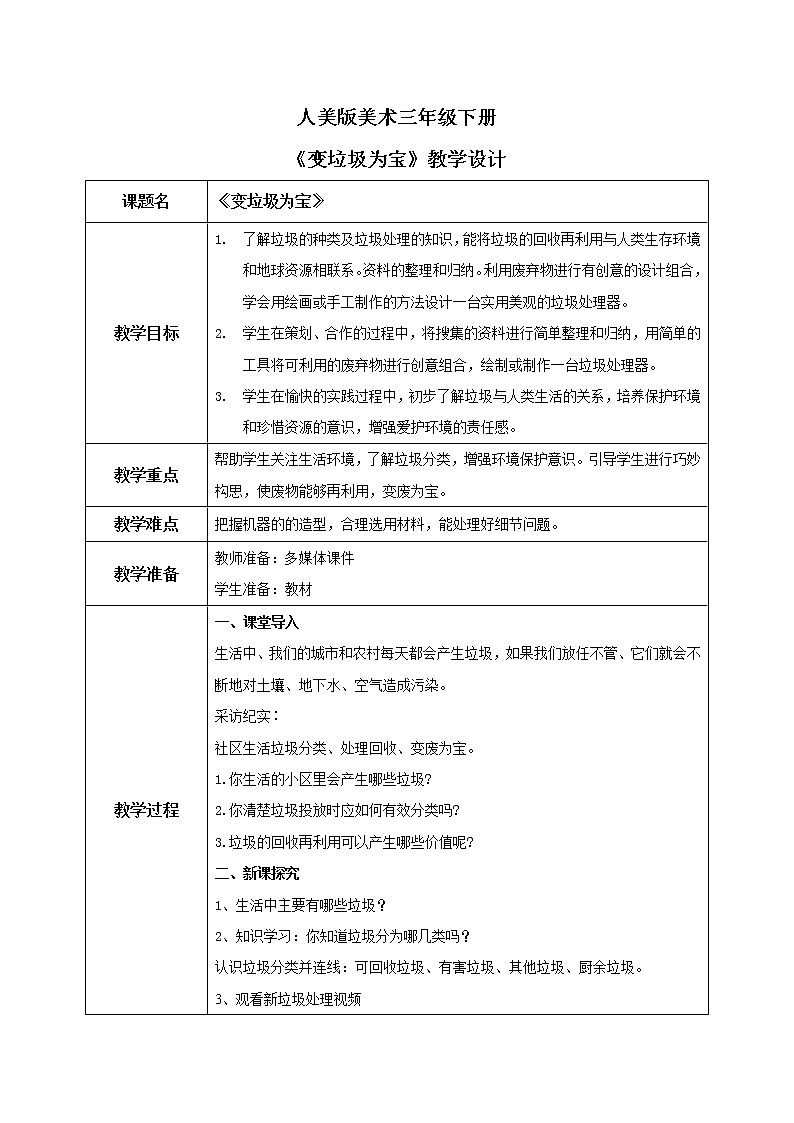人美版美术三下19. 变垃圾为宝 教学设计第1页