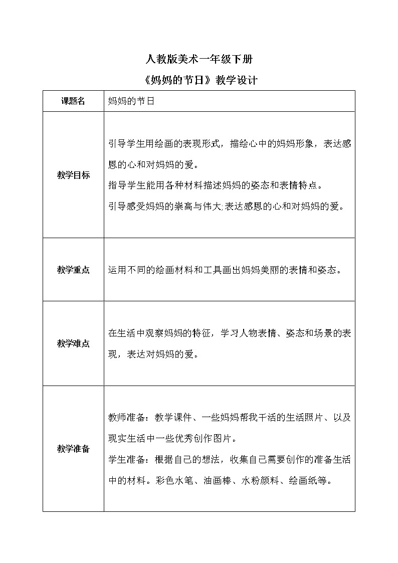 人教版1下美术《妈妈的节日》教案第1页
