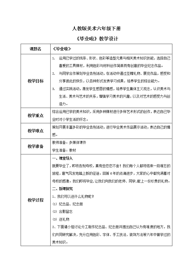 人教版美术六下第13课 毕业啦 教学设计第1页