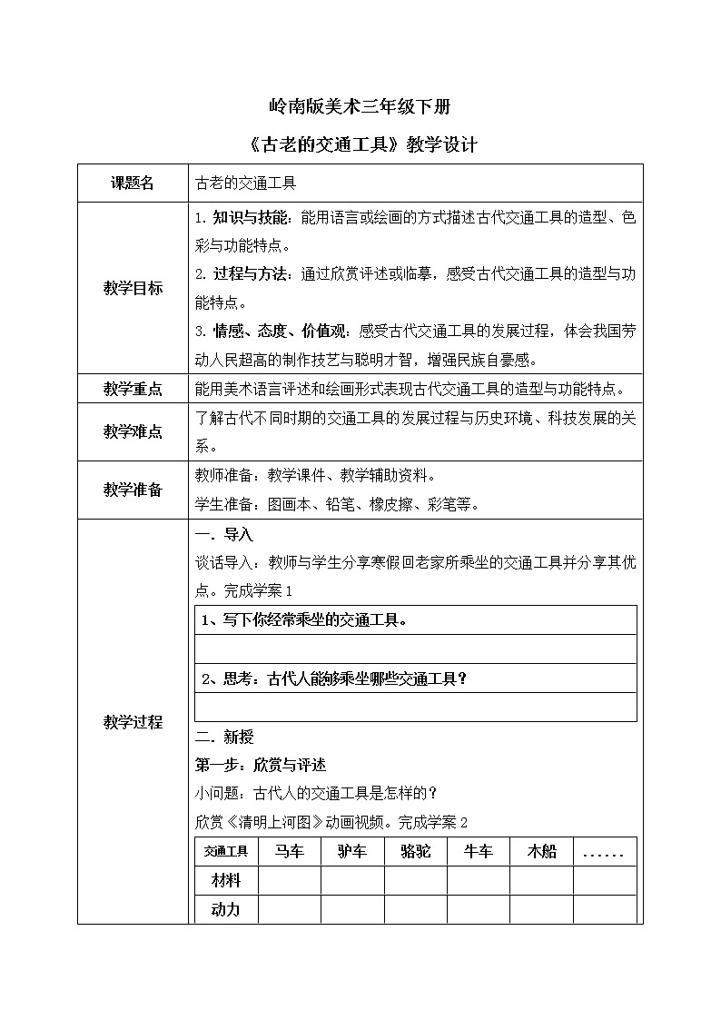 岭南版3下美术第1课《古老的交通工具》课件+教案01