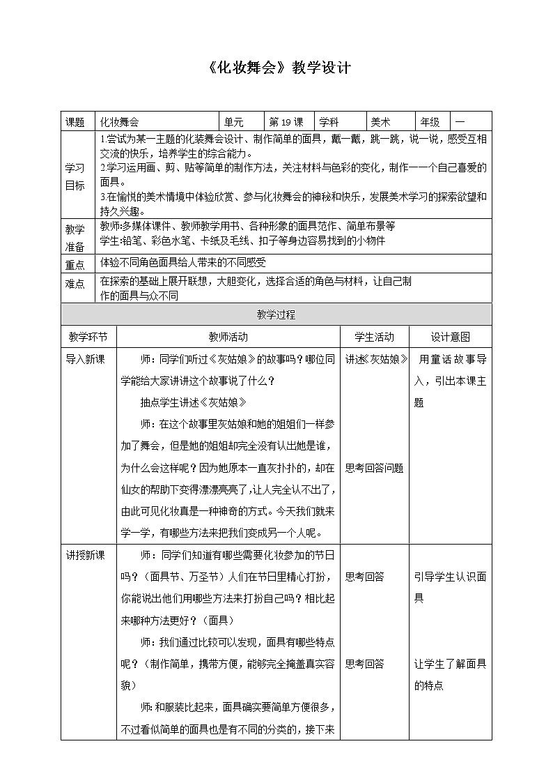 【人教版】一下美术  第19课《化装舞会》（课件+教案）01