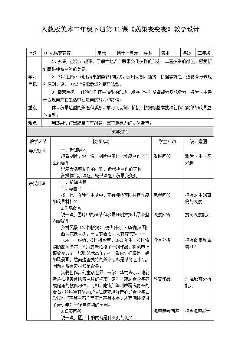 【人教版】二下美术 第十一课《蔬果变变变》（课件+教案）01