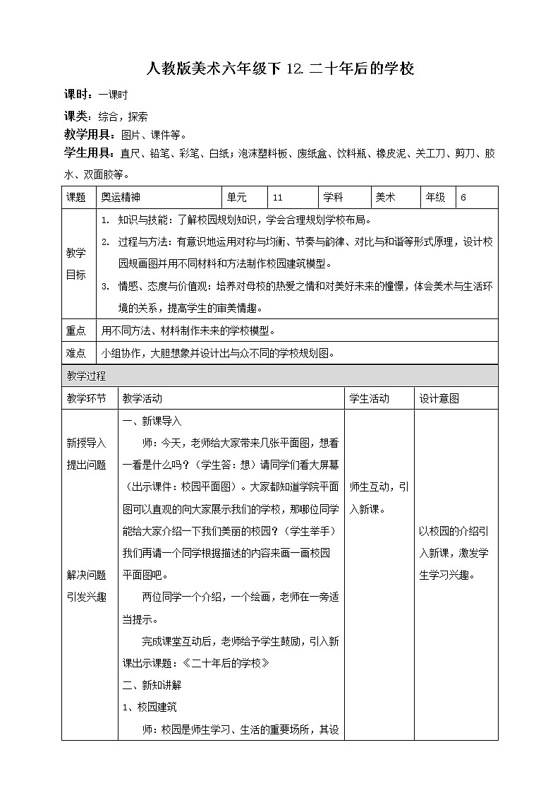 人教版美术 六年级下册 第十二课 二十年后的学校-教案第1页