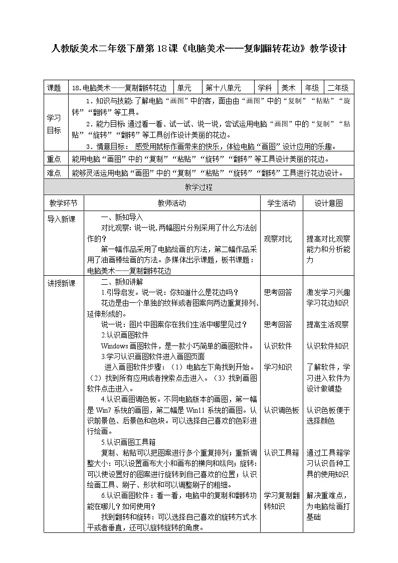 人教版 美术 二年级下册 第十八课《电脑美术——复制翻转花边》教案第1页
