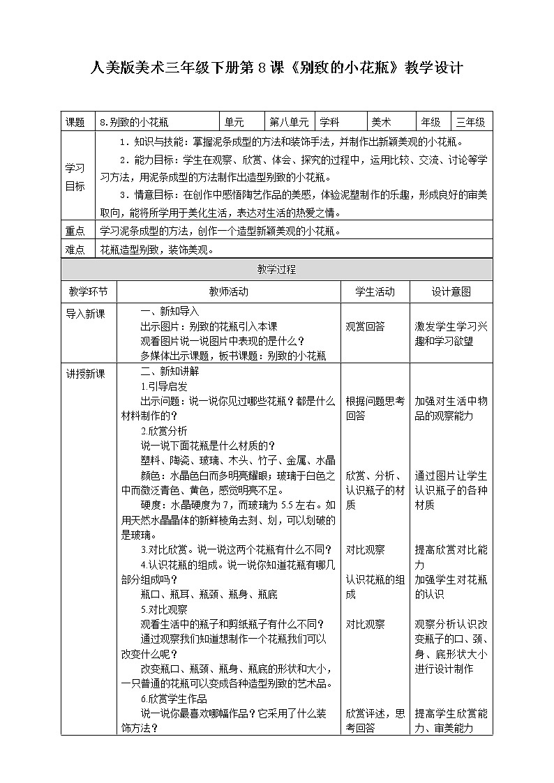 人美版美术三年级下册第八课《别致的小花瓶》教案第1页