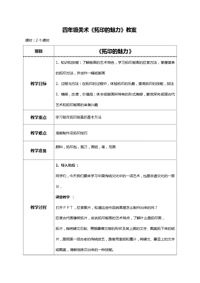 美术岭南版四年级下册第十二课 《拓印的魅力》教案第1页
