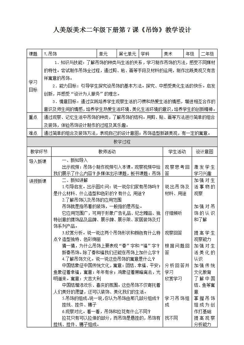 人美版美术二年级下册第七课《吊饰》教案第1页