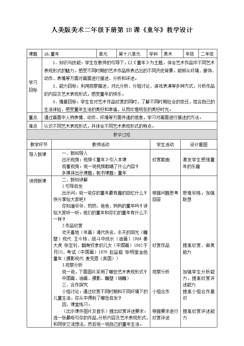 人美版美术二年级下册第十八课《童年》教案第1页