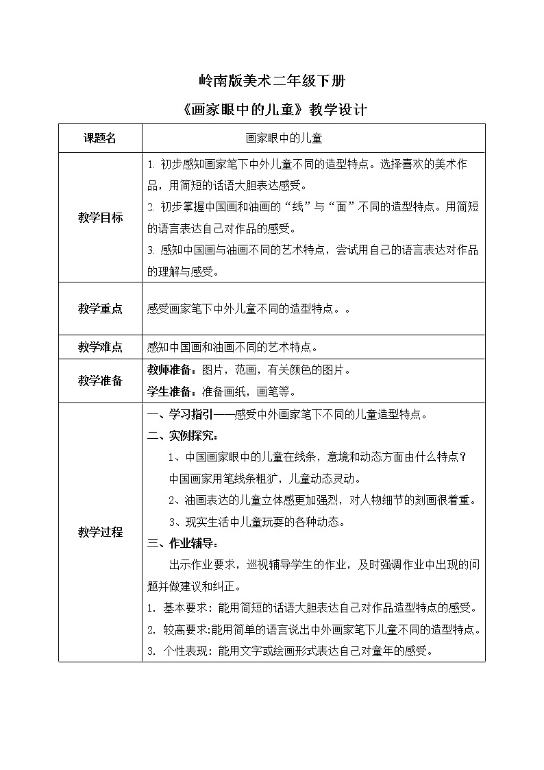 岭南版2下美术第1课《画家眼中的儿童》教案第1页