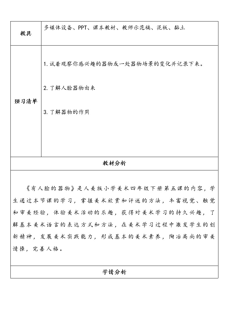 人美版小学美术四年级下册第5课《有人脸的器物》教学设计第2页