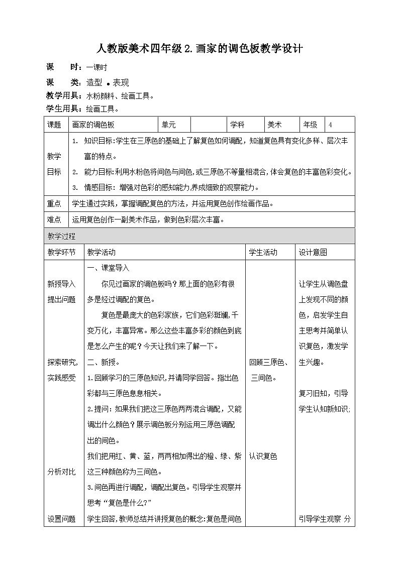 【人教版】四上美术  第2课画家的调色板 课件+教案01