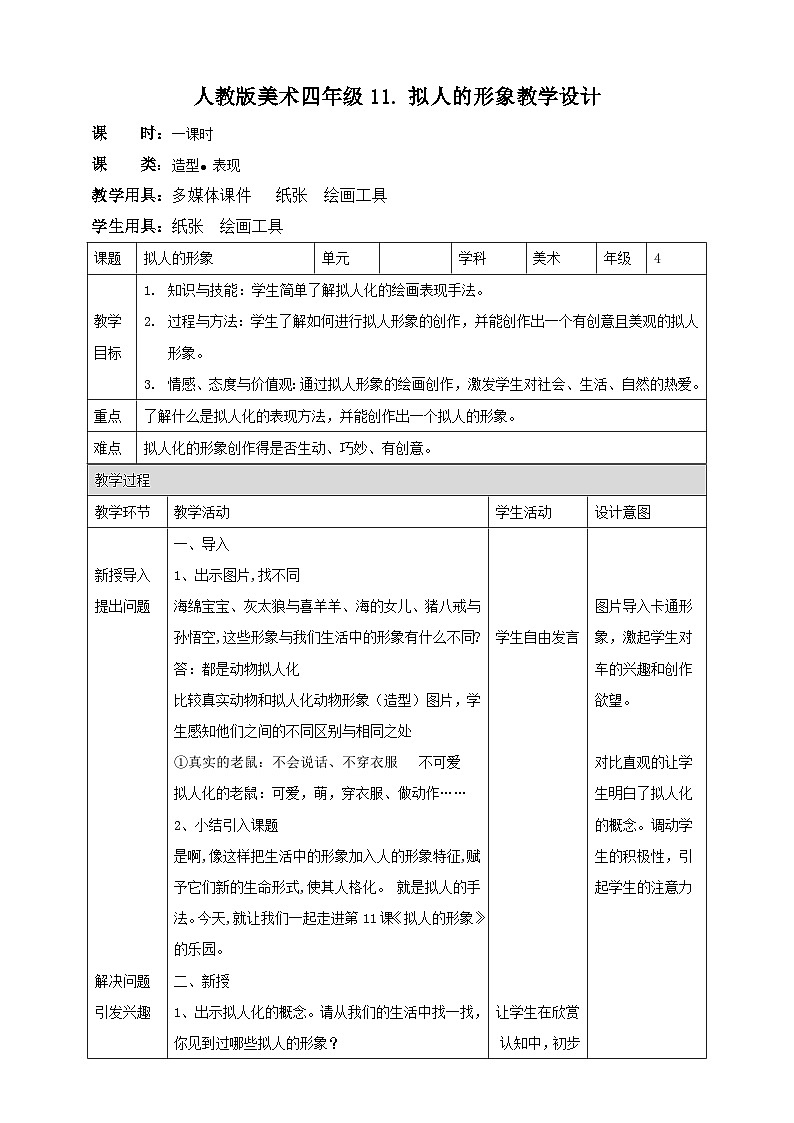 【人教版】四上美术  第11课 拟人的形象 课件+教案01