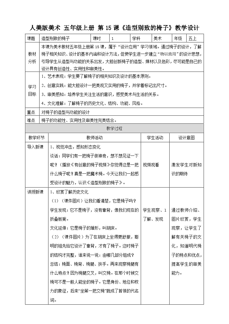 【人美版】五上美术  第15课造型别致的椅子（课件+教案+视频）01