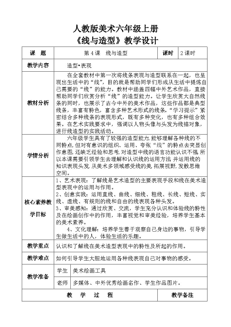 人教版小学美术六年级上册《线与造型》教案第1页