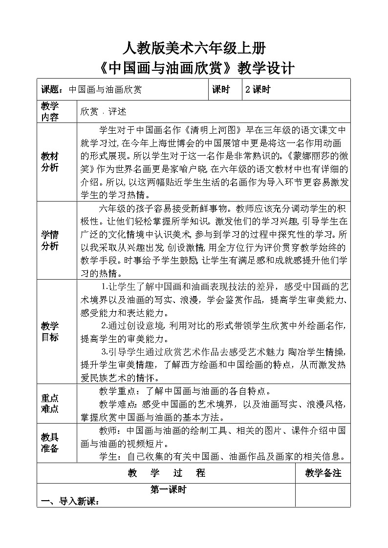 人教版小学美术六年级上册《中国画与油画欣赏》教案第1页