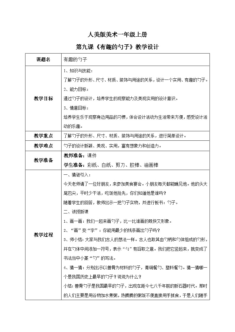 人美版一年级上册美术教案第9课《有趣的勺子》教学设计第1页
