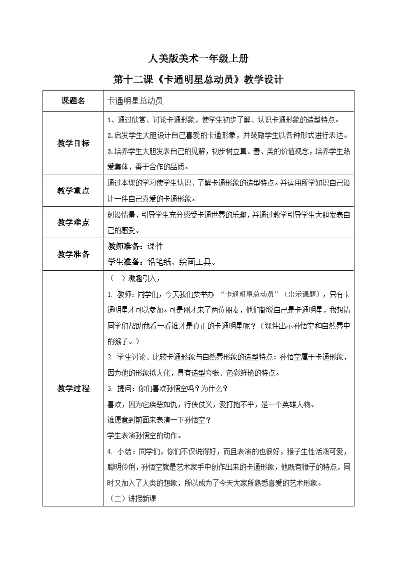 人美版一年级上册美术教案第12课《卡通明星总动员》教学设计第1页