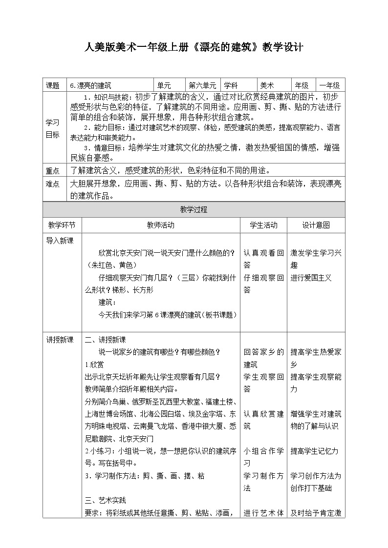 人美版美术一年级上册 第6课 《漂亮的建筑》 课件+教案+说课稿+素材01