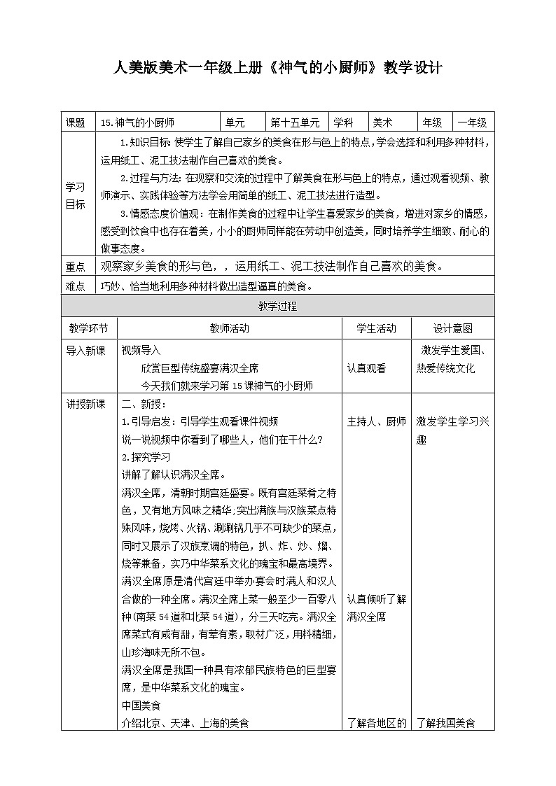 人美版美术一年级上册第十五课《神气的小厨师》教案第1页