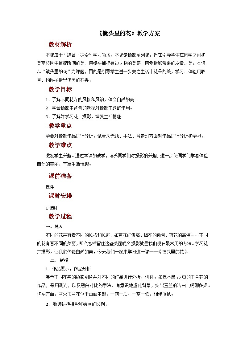 人美版美术六年级上册：第11课《镜头里的花》教案01