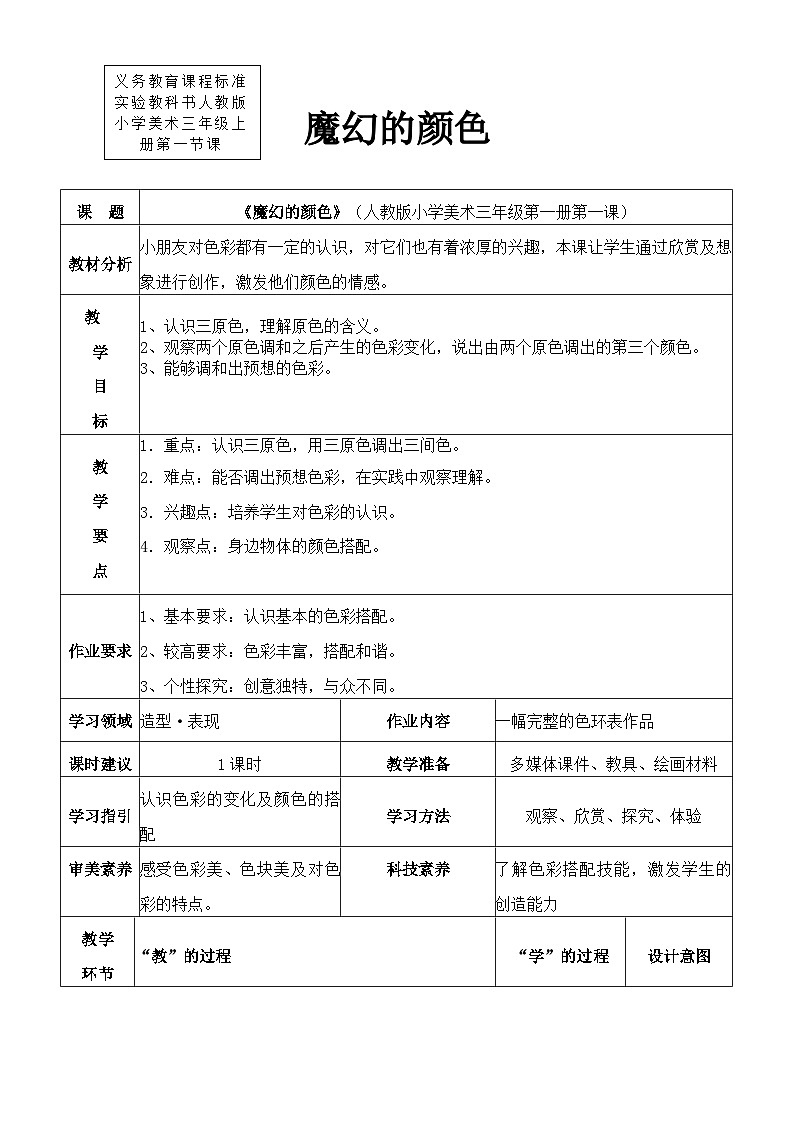 人教版美术三年级上册 1 魔幻的颜色 教案01