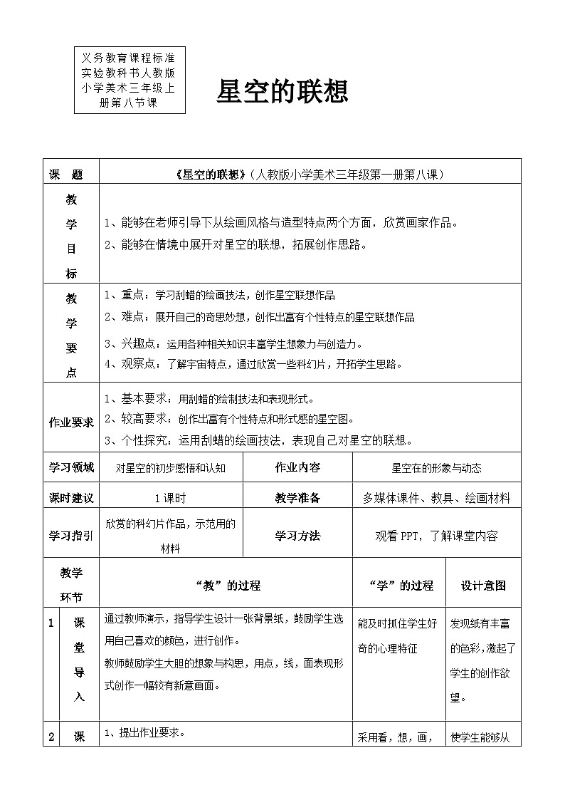 人教版美术三年级上册 8《星空的联想》教案01