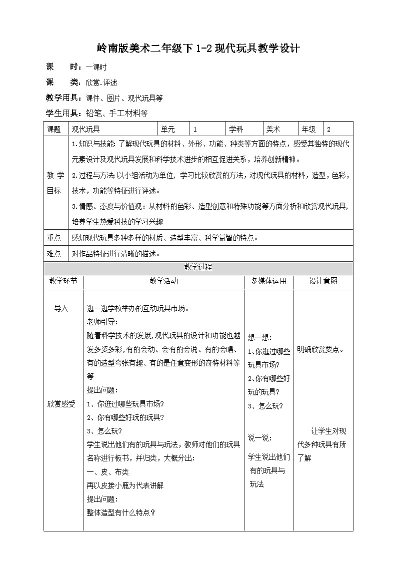 岭南版美术二年级上册2.《现代玩具》  教案第1页