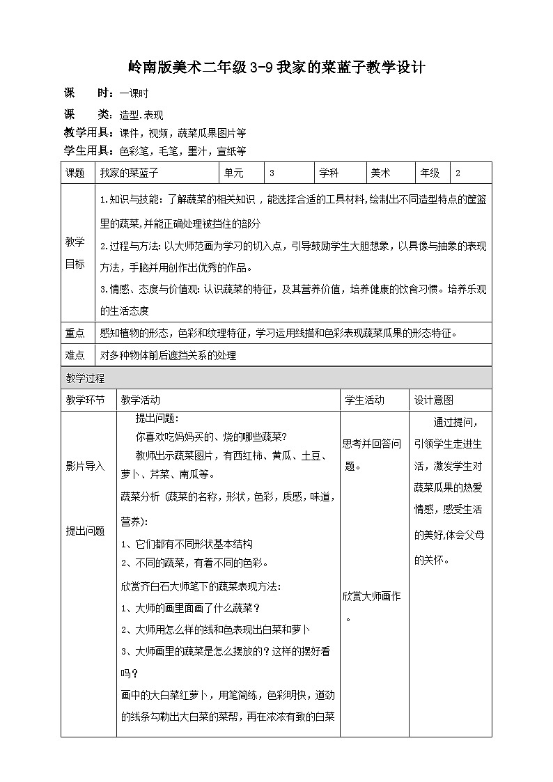岭南版美术二年级上册9.《 我家的菜蓝子》（教案）第1页