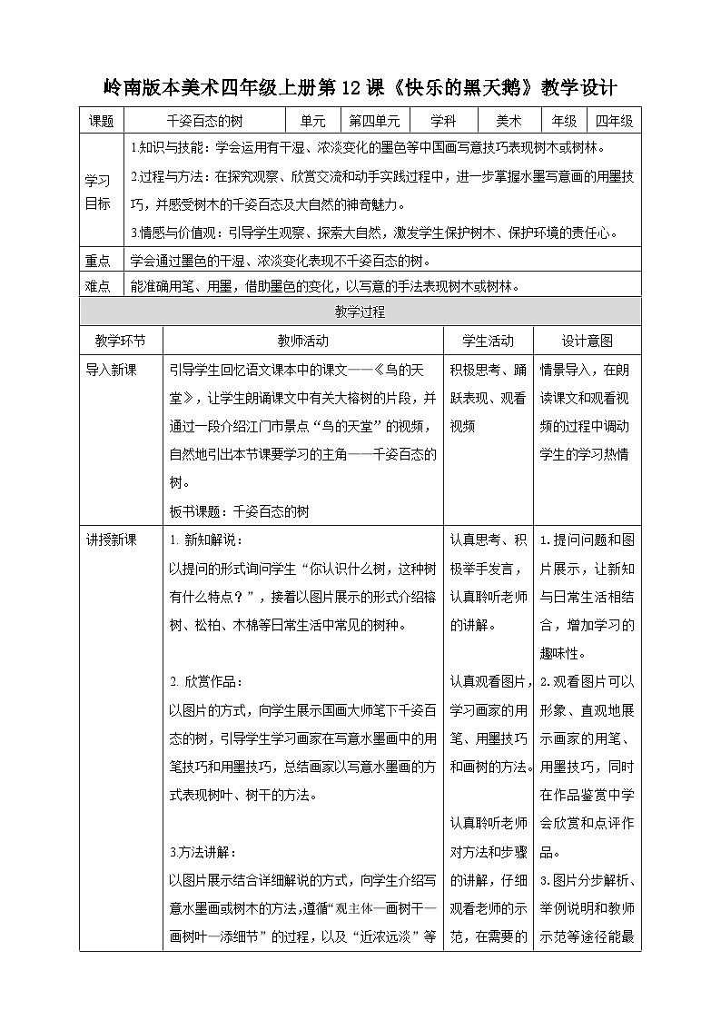 岭南版美术四年级上册13.《千姿百态的树》（教案）第1页