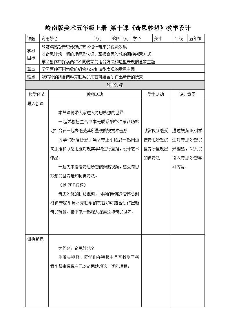 岭南版美术五年级上册10.《奇思妙想》（教案）01