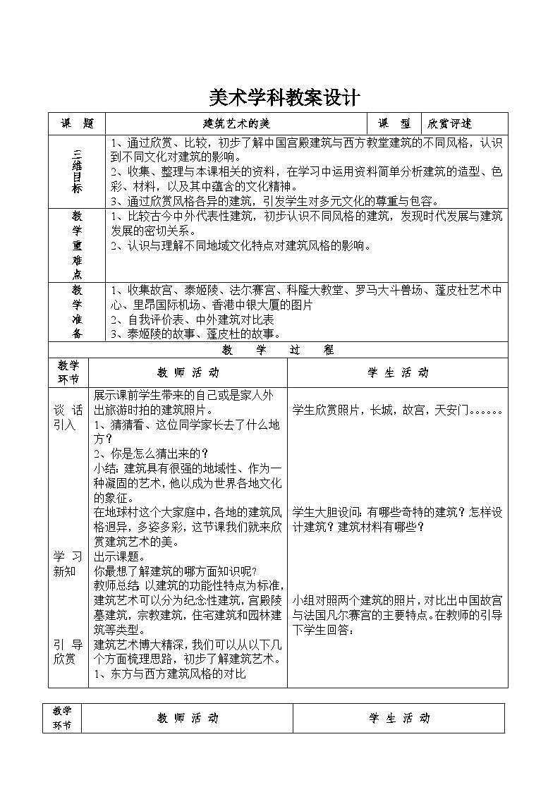 人民美术出版社小学美术六年级上册 第一课 建筑艺术的美   教案401