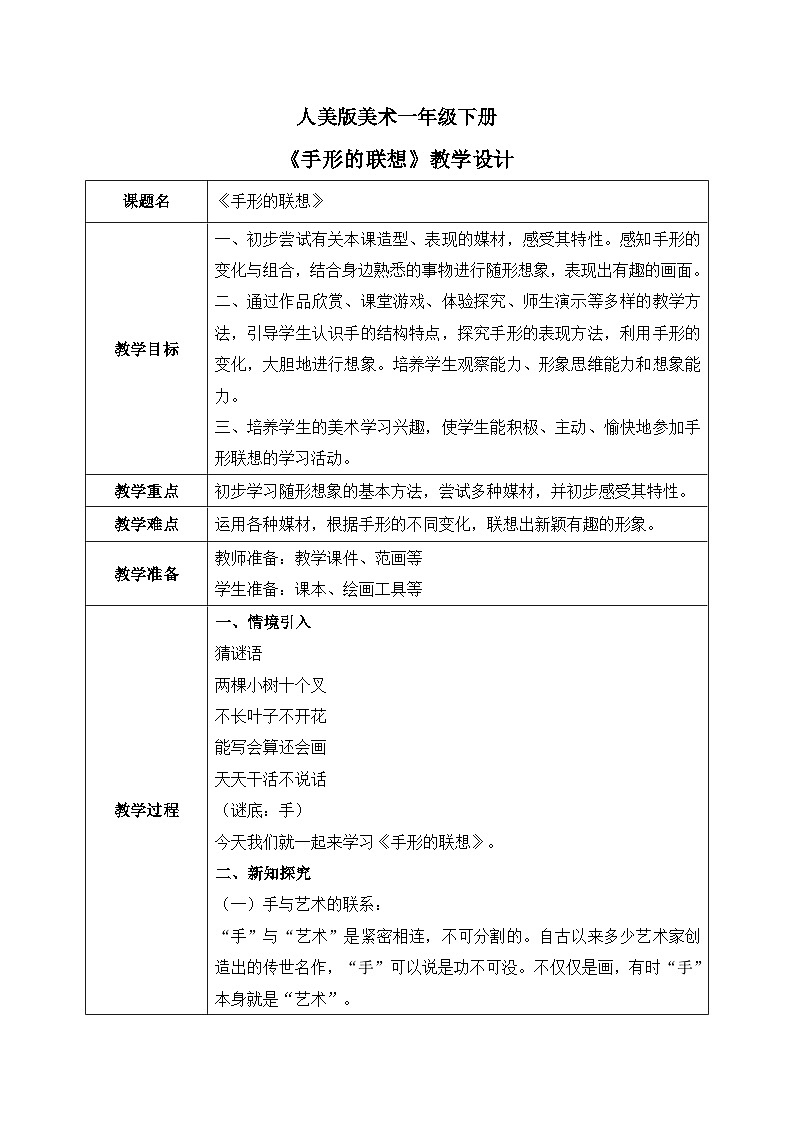 人美版美术一下9.《手形的联想》教学设计第1页