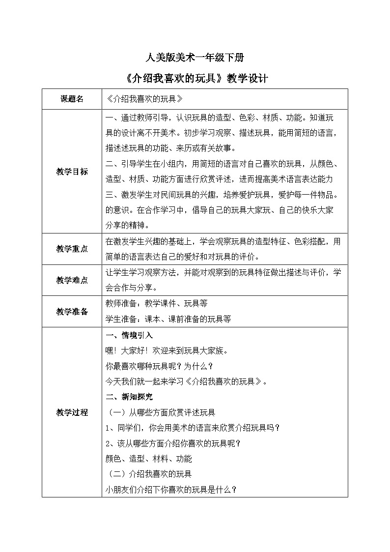 人美版美术一下14.《介绍我喜欢的玩具》教学设计第1页