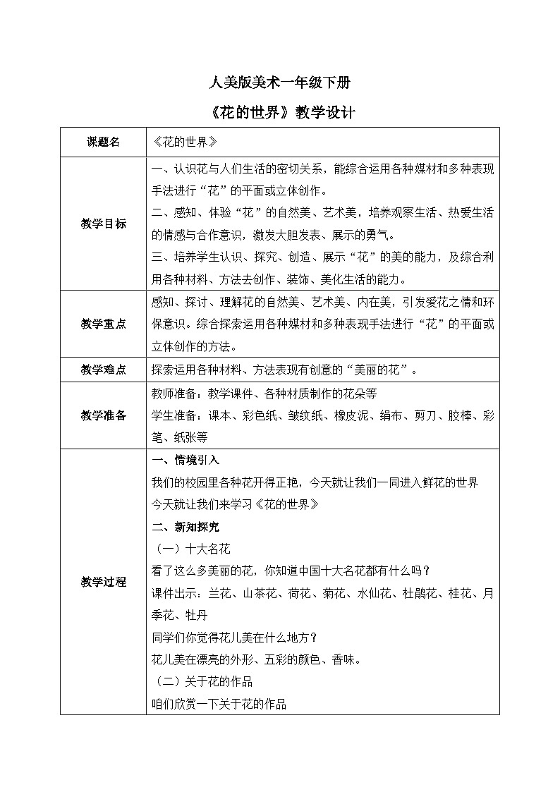 人美版美术一下19.《花的世界》教学设计01