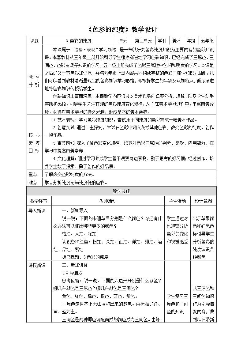 【核心素养】人美版美术五年级下册1.3《色彩的纯度》教案第1页