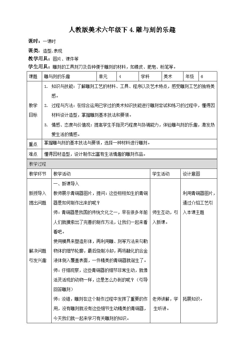 人民教育出版美术 六年级下册 第4课 雕与刻的乐趣教学设计01