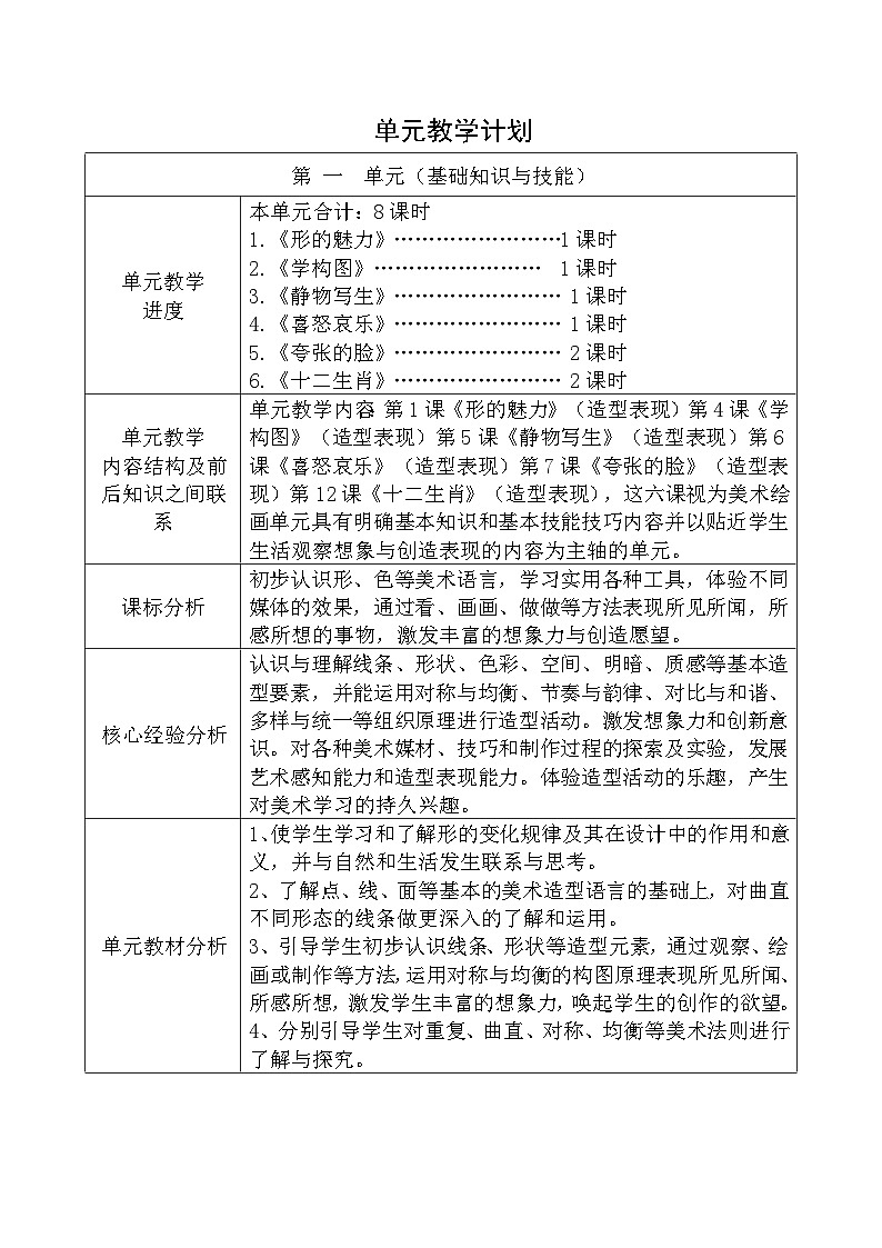 人教版小学美术五年级下册新版单元教学计划第1页