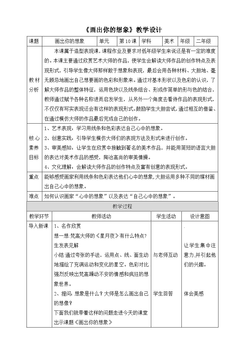 【核心素养】人教版美术二年级上册 10《画出你的想象》教案第1页