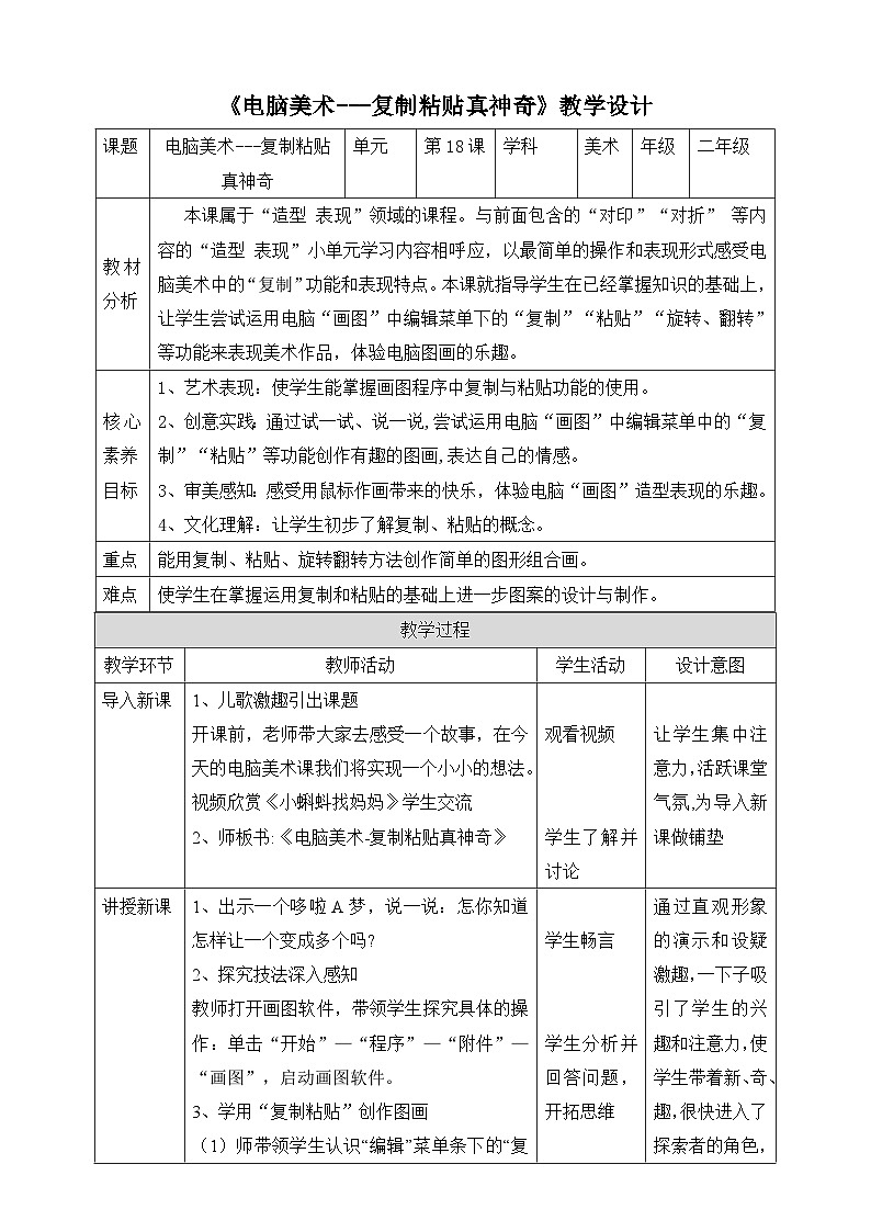 【核心素养】人教版美术二年级上册 18《电脑美术---复制粘贴真神奇》教案第1页