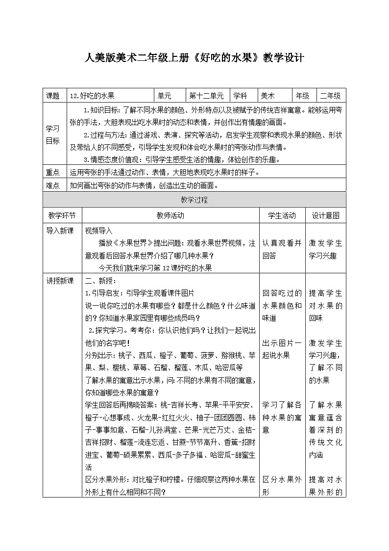 人美版美术二年级上册第12课 《好吃的水果》授课课件+教案+素材01