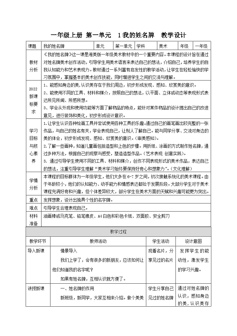 【新教材新课标】湘美版美术一年级上册第一单元第1课 我的姓名牌（课件+教学设计+视频素材）01