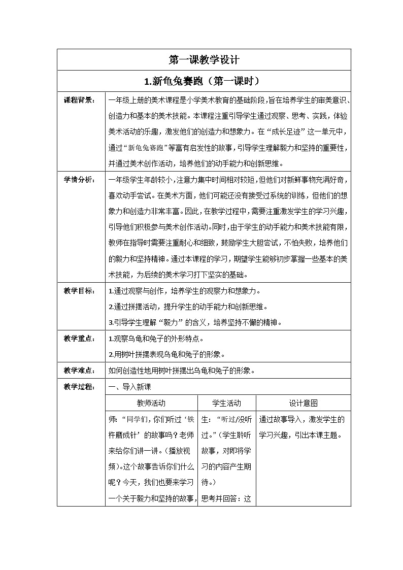 新人教版美术一年级上册 第三单元 1.新龟兔赛跑（第一课时） 教学设计01