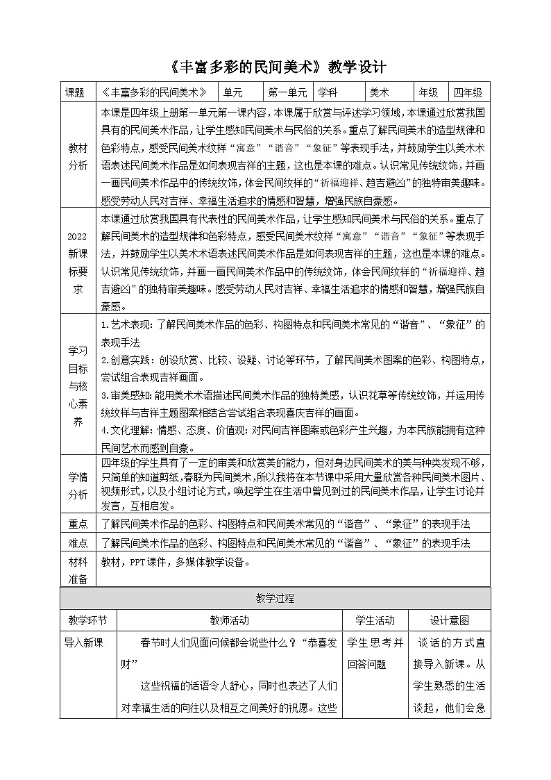 【岭南版】四上美术 1.1《丰富多彩的民间美术》 课件+教案01