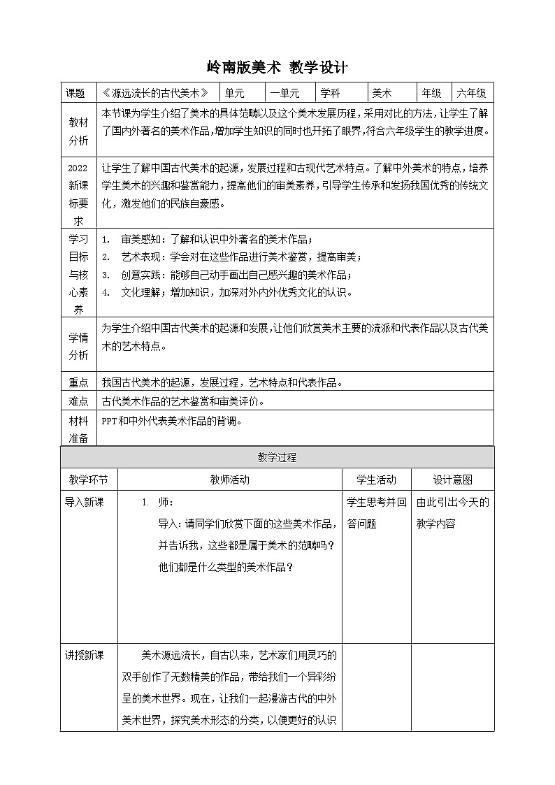 【岭南版】六上美术  第1课《源远流长的古代美术》课件+教案01