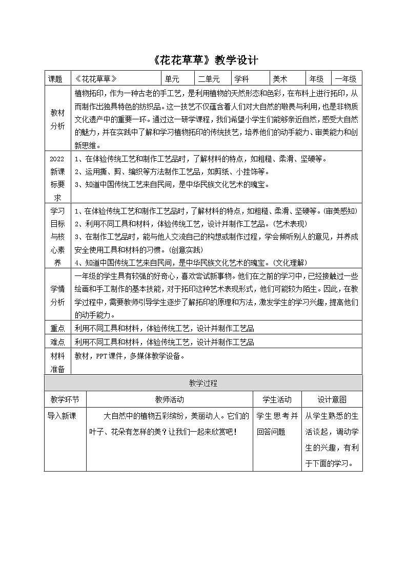 【新教材核心素养】赣美版美术一年级上册第4课《花花草草》课件+核心素养教案01