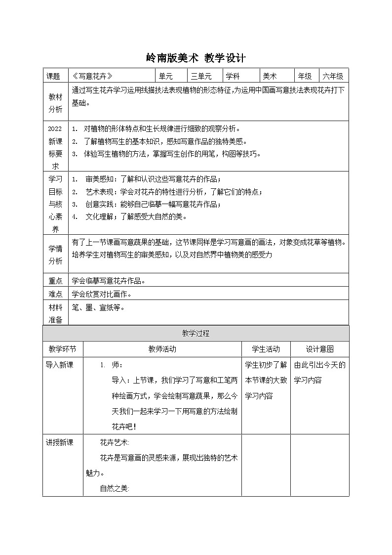 【核心素养】岭南版美术六年级上册第9课《写意花卉》课件+教学设计01