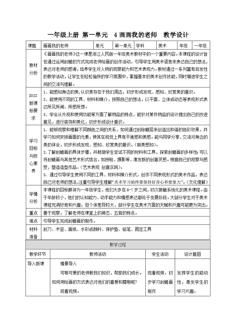 【新教材新课标】浙美版美术一年级上第4课《画画我的老师》课件+核心素养教案01