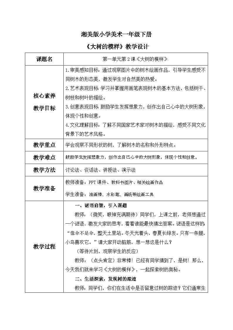 【核心素养目标】湘美版小学美术一年级下册第1课《大树的模样》教学设计（表格式）01