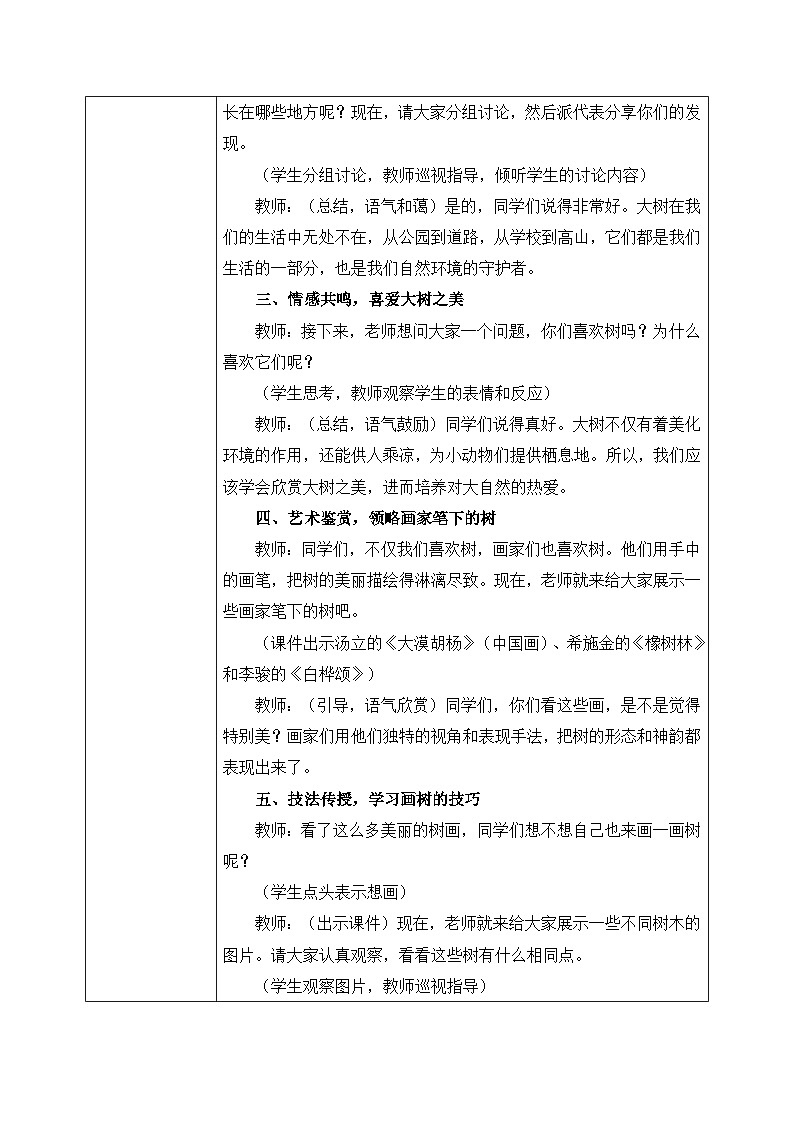 【核心素养目标】湘美版小学美术一年级下册第1课《大树的模样》教学设计（表格式）02